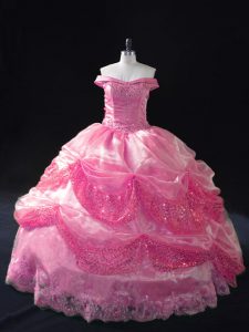 Organza Off The Shoulder Sleeveless Lace Up Beading and Sequins Sweet 16 Quinceanera Dress in Rose Pink