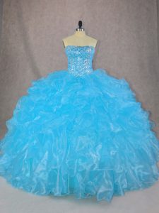Sexy Sleeveless Floor Length Beading and Ruffles Lace Up Sweet 16 Dress with Blue