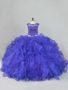 Most Popular Sleeveless Floor Length Beading and Ruffles Lace Up Ball Gown Prom Dress with Blue