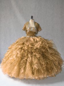 Brown Ball Gowns Strapless Sleeveless Organza Floor Length Lace Up Beading and Ruffles Quinceanera Gown