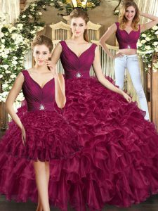 Burgundy Organza Backless V-neck Sleeveless Floor Length Quinceanera Gown Ruffles