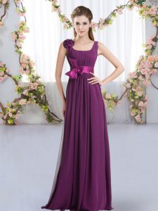 Comfortable Floor Length Dark Purple Quinceanera Dama Dress Chiffon Sleeveless Belt and Hand Made Flower