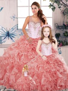 Watermelon Red Clasp Handle Quinceanera Dress Beading and Ruffles Sleeveless Floor Length