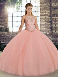 Perfect Embroidery 15th Birthday Dress Peach Lace Up Sleeveless Floor Length