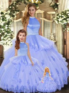 Fabulous Lavender Quinceanera Gown Sweet 16 and Quinceanera with Appliques Halter Top Sleeveless Backless