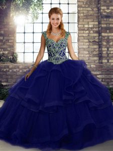 Elegant Purple Sleeveless Floor Length Beading and Ruffles Lace Up Ball Gown Prom Dress