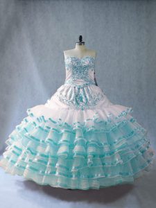 Blue And White Lace Up Sweetheart Embroidery and Ruffled Layers Sweet 16 Quinceanera Dress Organza Sleeveless