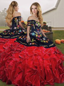 Free and Easy Red And Black Off The Shoulder Neckline Embroidery and Ruffles Quinceanera Gown Sleeveless Lace Up
