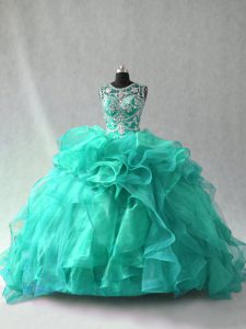 Turquoise Ball Gowns Organza Scoop Sleeveless Beading and Ruffles Floor Length Lace Up Quinceanera Gown
