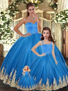 Embroidery 15 Quinceanera Dress Blue Lace Up Sleeveless Floor Length