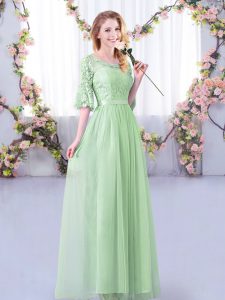 Half Sleeves Floor Length Lace and Belt Side Zipper Dama Dress with Apple Green