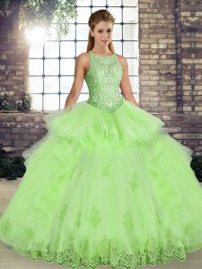 Scoop Sleeveless Quinceanera Dress Floor Length Lace and Embroidery and Ruffles Yellow Green Tulle