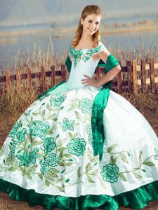 Inexpensive Off The Shoulder Sleeveless Quinceanera Dresses Floor Length Embroidery and Ruffles Green Satin and Organza