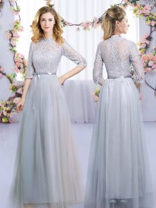Modern Grey Zipper High-neck Lace and Belt Dama Dress for Quinceanera Tulle Half Sleeves