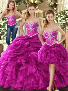 Sweet Organza Sweetheart Sleeveless Lace Up Beading and Ruffles Quince Ball Gowns in Fuchsia