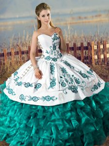 Glittering Ball Gowns Quinceanera Gown Teal Sweetheart Satin and Organza Sleeveless Floor Length Lace Up