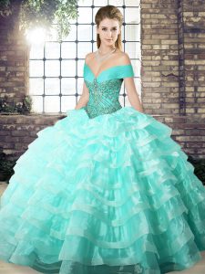 Vintage Apple Green Off The Shoulder Lace Up Beading and Ruffled Layers Sweet 16 Quinceanera Dress Brush Train Sleeveless