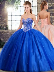 Blue Ball Gowns Tulle Sweetheart Sleeveless Beading Lace Up Quinceanera Dress Brush Train