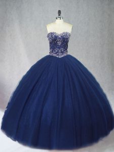 Graceful Navy Blue Sweetheart Neckline Beading Ball Gown Prom Dress Sleeveless Lace Up