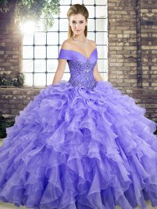 On Sale Organza Off The Shoulder Sleeveless Brush Train Lace Up Beading and Ruffles Quince Ball Gowns in Lavender