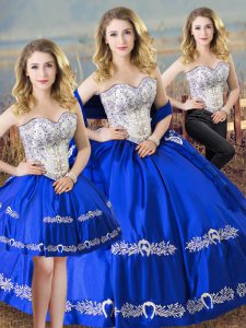 On Sale Royal Blue Satin Lace Up Sweetheart Sleeveless Floor Length Quinceanera Dresses Beading and Embroidery