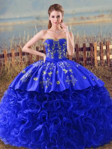 Free and Easy Royal Blue Sweetheart Lace Up Embroidery and Ruffles Sweet 16 Quinceanera Dress Brush Train Sleeveless
