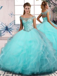 Aqua Blue Sleeveless Tulle Lace Up Quinceanera Dress for Sweet 16 and Quinceanera