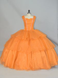 Floor Length Orange Quinceanera Dress Organza Sleeveless Beading and Ruffled Layers and Ruching