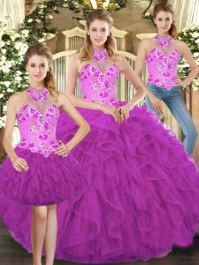 Romantic Fuchsia Tulle Lace Up Quince Ball Gowns Sleeveless Floor Length Embroidery and Ruffles