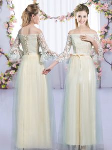 Champagne Empire Lace and Bowknot Quinceanera Court Dresses Lace Up Tulle 3 4 Length Sleeve Floor Length