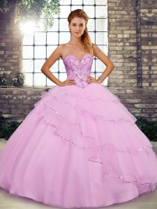Sleeveless Tulle Brush Train Lace Up Sweet 16 Dresses in Lilac with Beading and Ruffled Layers