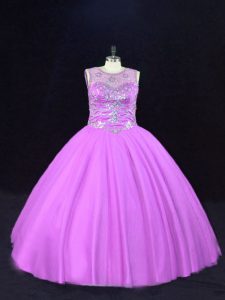 Ball Gowns Sweet 16 Dress Lilac Scoop Tulle Sleeveless Floor Length Lace Up
