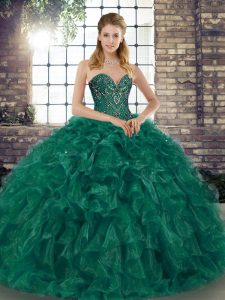 Sleeveless Organza Floor Length Lace Up Quinceanera Gown in Green with Beading and Ruffles