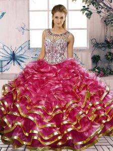 Adorable Scoop Sleeveless Lace Up 15 Quinceanera Dress Fuchsia Organza