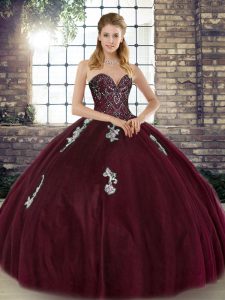 Great Burgundy Ball Gowns Sweetheart Sleeveless Tulle Floor Length Lace Up Beading and Appliques 15 Quinceanera Dress