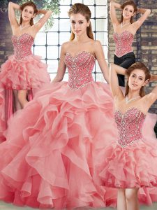 Watermelon Red Sleeveless Beading and Ruffles Lace Up Quince Ball Gowns