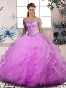 High Class Tulle Off The Shoulder Sleeveless Lace Up Beading and Ruffles Quinceanera Dress in Lilac