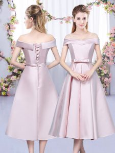 Exquisite Baby Pink Satin Lace Up Quinceanera Court Dresses Sleeveless Tea Length Bowknot