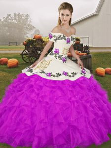 Attractive Off The Shoulder Sleeveless Quinceanera Gowns Floor Length Embroidery and Ruffles Purple Organza