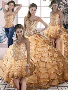 Ideal Gold Ball Gowns Organza Sweetheart Sleeveless Beading and Ruffled Layers Lace Up Vestidos de Quinceanera Brush Train