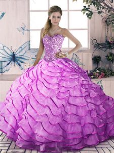 Cheap Lilac Ball Gown Prom Dress Organza Brush Train Sleeveless Beading and Ruffles