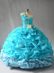 New Style Aqua Blue Lace Up One Shoulder Pick Ups and Hand Made Flower Sweet 16 Quinceanera Dress Organza Sleeveless
