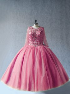 Shining Scoop Long Sleeves Sweet 16 Dress Floor Length Beading Pink Tulle