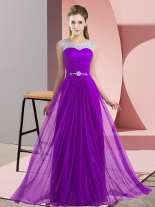 Luxury Purple Chiffon Lace Up Scoop Sleeveless Floor Length Damas Dress Beading