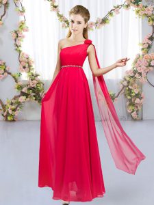 High End Red One Shoulder Neckline Beading and Hand Made Flower Quinceanera Court of Honor Dress Sleeveless Lace Up