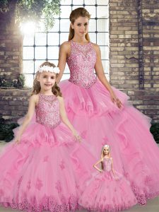Floor Length Rose Pink Quince Ball Gowns Tulle Sleeveless Lace and Embroidery and Ruffles