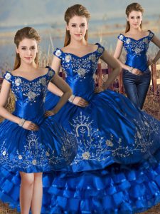 Royal Blue Three Pieces Satin and Organza Off The Shoulder Sleeveless Embroidery and Ruffled Layers Floor Length Lace Up Sweet 16 Quinceanera Dress