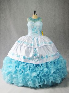 Best Floor Length Baby Blue 15th Birthday Dress Fabric With Rolling Flowers Sleeveless Beading and Embroidery and Ruffles