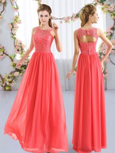 Traditional Coral Red Chiffon Zipper Quinceanera Court Dresses Sleeveless Floor Length Lace