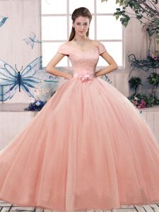 Sophisticated Pink Quince Ball Gowns Military Ball and Sweet 16 and Quinceanera with Lace and Hand Made Flower Off The Shoulder Short Sleeves Lace Up